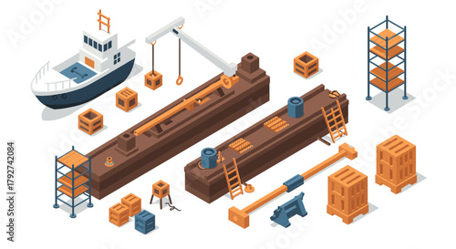 Isometric shipyard elements with cargo crates and shipping equipment