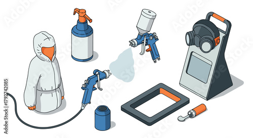 Isometric painting equipment spray guns, protective gear, and cleaning supplies