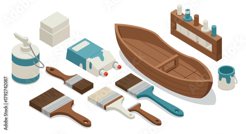 Isometric wooden boat and painting tools brushes, paint cans, and spray