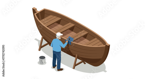 Craftsman painting wooden boat in isometric style on white background