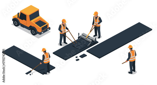 Isometric road construction with workers and equipment on white background