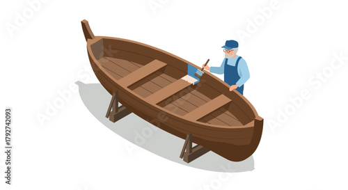 Isometric worker painting wooden boat in workshop scene