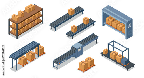 Isometric warehouse conveyor system with cardboard boxes and shelving units