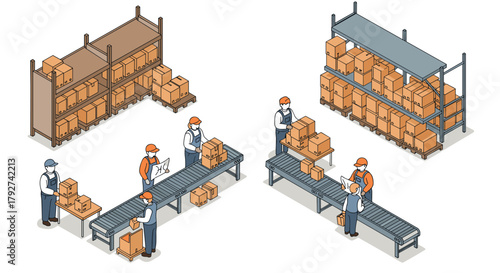 Warehouse workers organizing and packing boxes on conveyor belt in isometric style