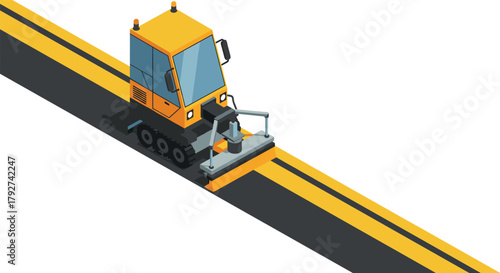 Isometric road sweeper machine on highway with yellow markings