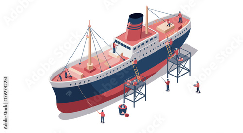 Isometric shipyard scene with workers restoring vintage ship in red and blue