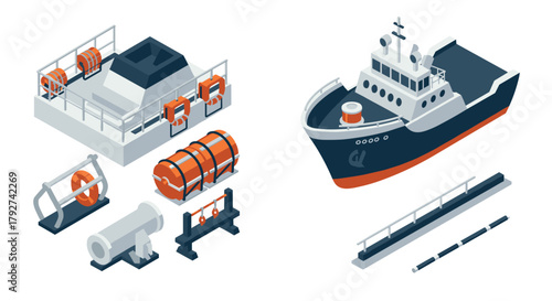 Isometric ship elements with nautical equipment and lifebuoy accessories in 3d style