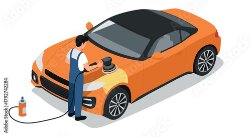 Isometric car detailing scene with mechanic polishing orange sports car