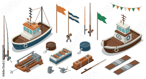 Isometric fishing boats and gear set with flags and accessories for nautical design