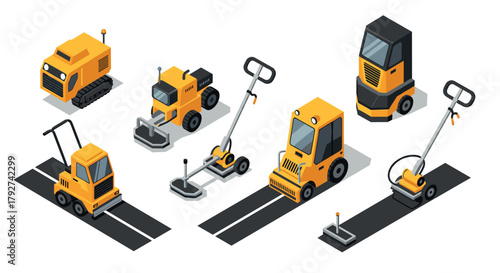 Isometric construction equipment set with asphalt machines in yellow