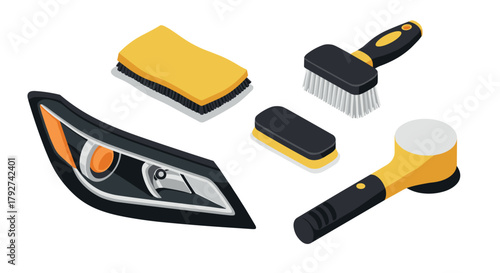 Modern car detailing tools with flat design for automotive care and maintenance
