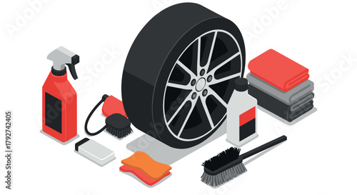 Isometric car cleaning supplies with tire and tools for auto detailing