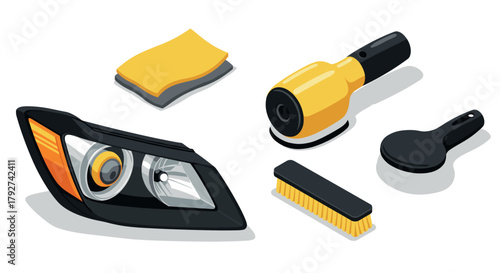 Automotive detailing tools headlight, polisher, brush, sponge, and pad in 3d design