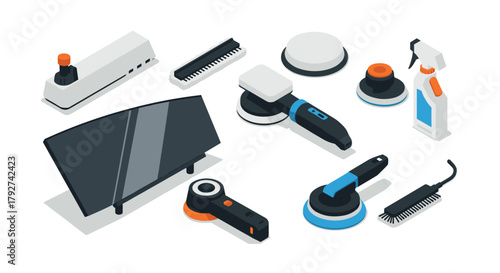 Isometric cleaning equipment set featuring modern vacuum and polishing tools