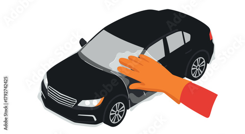 Hand cleaning black car with orange glove and squeegee in flat style on white background