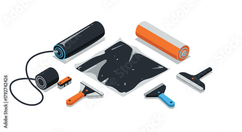 Isometric car wrap tools with squeegees and vinyl rollers on white background