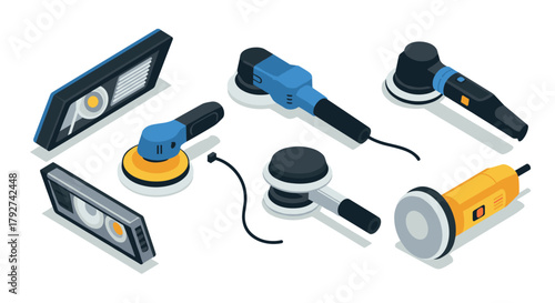 Isometric car detailing tools set of polishers and headlights in modern style