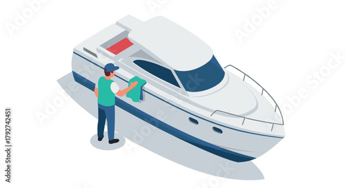 Man cleaning yacht with cloth in isometric style on white background