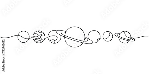 Solar system with planets one continuous line drawing. Minimalist planet set space concept.