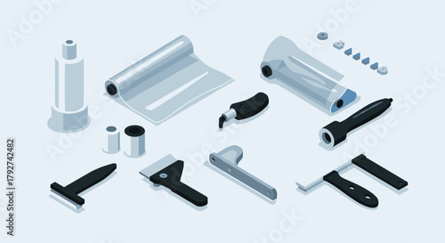 Isometric set of cleaning and wrapping tools including squeegee and film roll