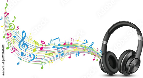 Headphones with colorful musical notes and sound wave