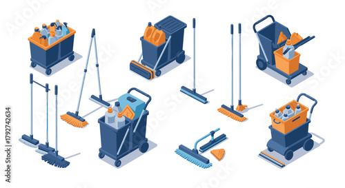 Isometric cleaning supplies and equipment set on white background