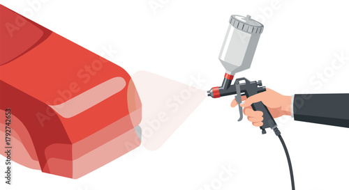 Hand holding paint sprayer for car detailing in smooth flat design