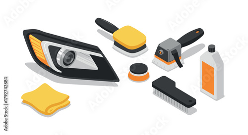 Isometric car maintenance tools with headlight and cleaning accessories
