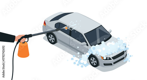 Isometric car wash scene with highpressure washer and soap suds
