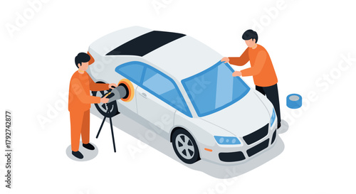 Car maintenance in isometric style polishing and detailing by two workers
