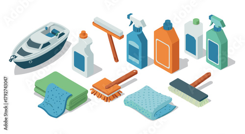 Isometric set of boat cleaning supplies with detergents and brushes