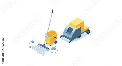 Isometric cleaning equipment with mop, bucket, and floor scrubber