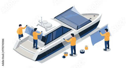 Team of workers applying protective film on luxury yacht in isometric style