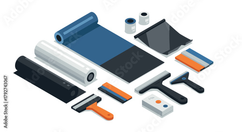 Diverse window tinting tools collection in isometric style for modern automotive and residential applications