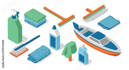 Isometric boat cleaning supplies set with brushes and detergents
