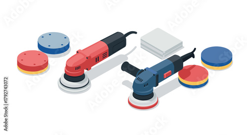 Isometric design of dual electric polishers with sanding discs on white background
