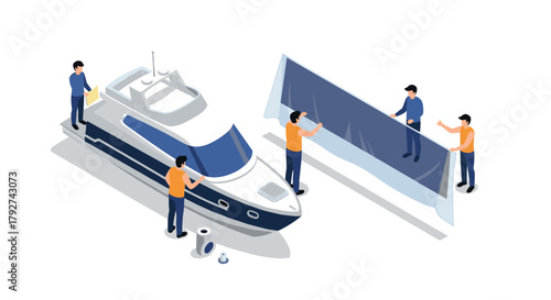 Isometric yacht preparation and teamwork for marine adventure