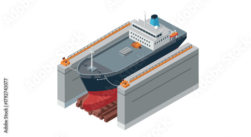 Isometric cargo ship in dry dock for maintenance and repair