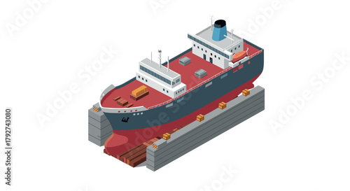 Isometric cargo ship in dry dock with shipping containers on deck