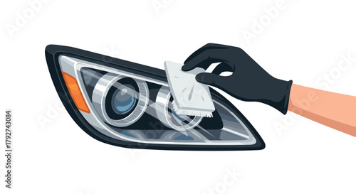 Hand in glove cleaning car headlight on white background