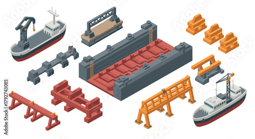 Isometric shipyard elements and equipment for port construction and design