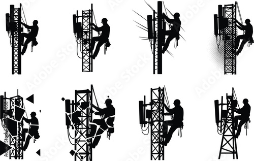 Telecom tower worker silhouettes, climbing and maintenance poses, safety harness scenes, vector set, editable stroke, professional concept, black and white design