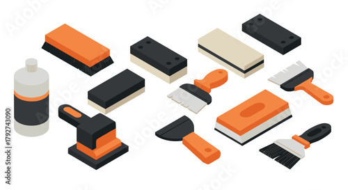 Isometric cleaning tools set with brushes, sponges, and scrapers in orange and black