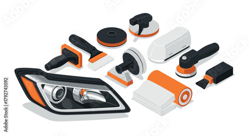 Car headlight restoration set with polishing tools in modern isometric style