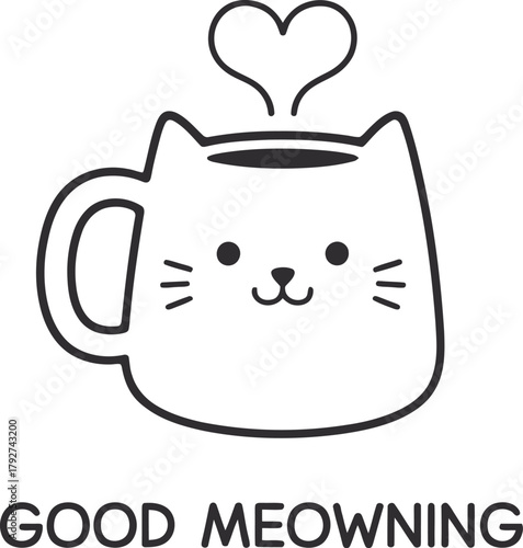 Cute Cat Mug Vector Illustration with "Good Meowning" Pun Text – Kawaii Kitten Face Coffee Cup, Heart Steam, and Funny Morning T-Shirt Graphic