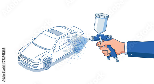 Car painting process with spray gun and outline vehicle in modern flat design