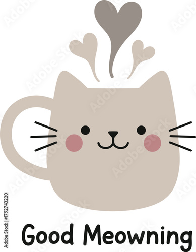 Cute Cat Mug Vector Illustration with "Good Meowning" Pun Text – Kawaii Kitten Face Coffee Cup, Heart Steam, and Funny Morning T-Shirt Graphic