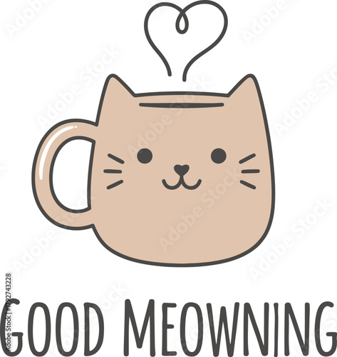 Cute Cat Mug Vector Illustration with "Good Meowning" Pun Text – Kawaii Kitten Face Coffee Cup, Heart Steam, and Funny Morning T-Shirt Graphic