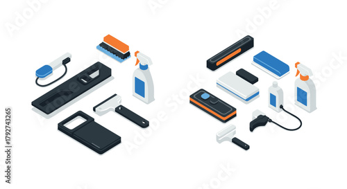 Isometric cleaning tools set with brushes, sprays, and scrapers in blue and orange