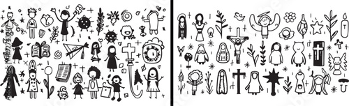 School Activity Illustration, Kids Learning Doodle, Classroom Fun Vector, Education Icons Sketch, Students and Teacher Drawing, Back to School Design, Cute Kids Cartoon, Learning Tools Outline, Educat